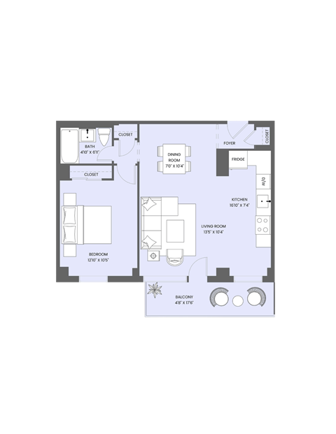 A floor plan of a house with a kitchen, living room, and bathroom.